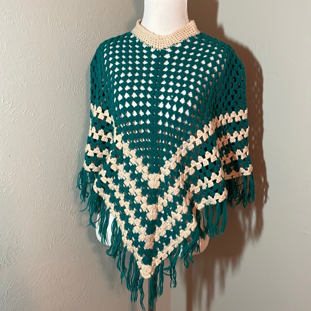 Vintage Crocheted Poncho in teal green and beige